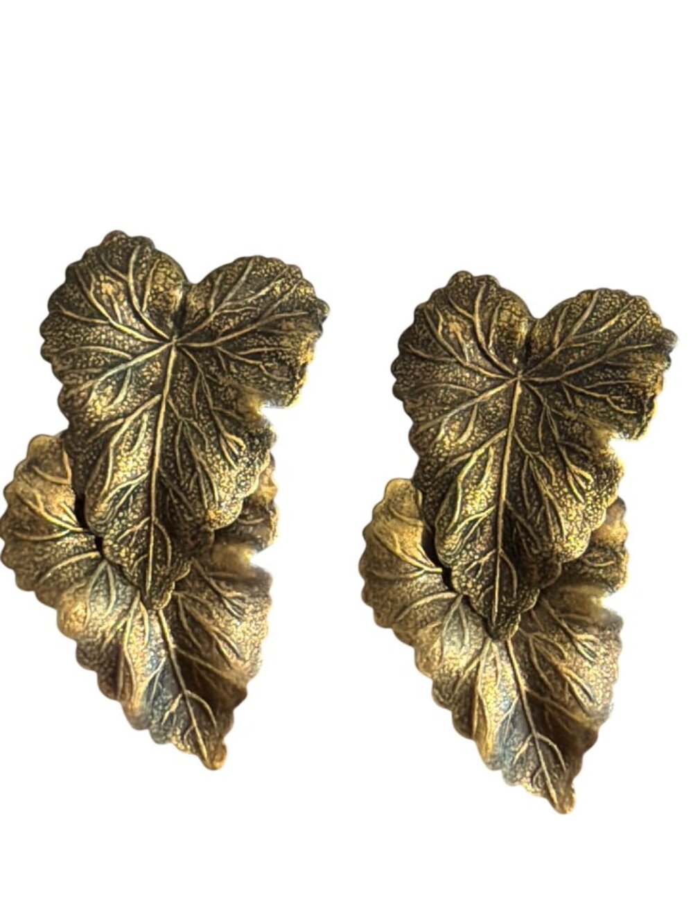 Vintage Brass Tone Ivy Leaf Articulated Pierced Earrings Textured 2.25" Estate